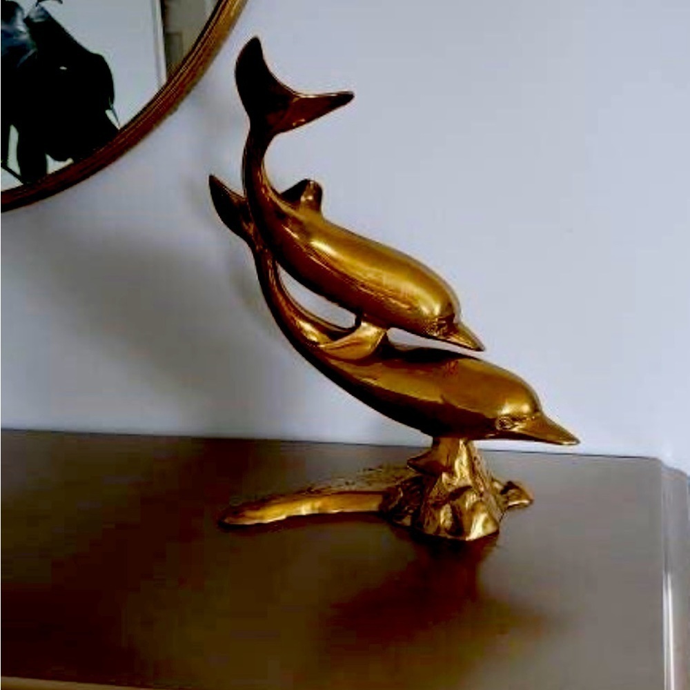 Large VTG Brass Swimming Dolphin Sculpture on footed mount -Great condition!